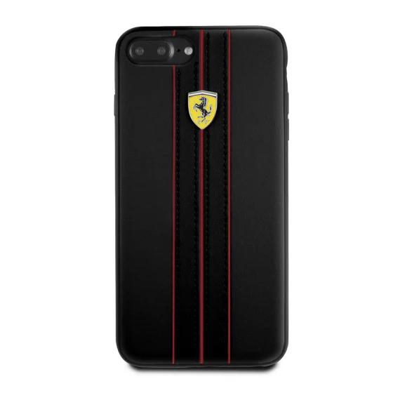Ferrari iPhone 8 Plus Hard Case - On Track PU Leather with Yellow Shield Logo - Black