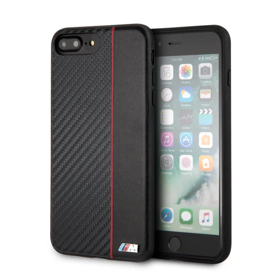 BMW M iPhone 8 Plus Hard Case - Carbon PU with Red Stripe - Navy