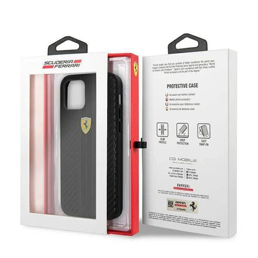 Ferrari iPhone 13 Hard Case - PU Carbon with Central Stripe - Black