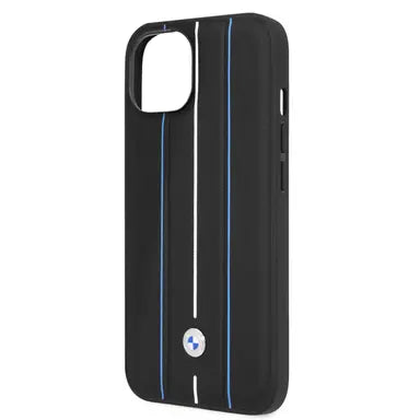 BMW iPhone 14 Max Hard Case - Leather with Hot-Stamped Blue Lines - Black