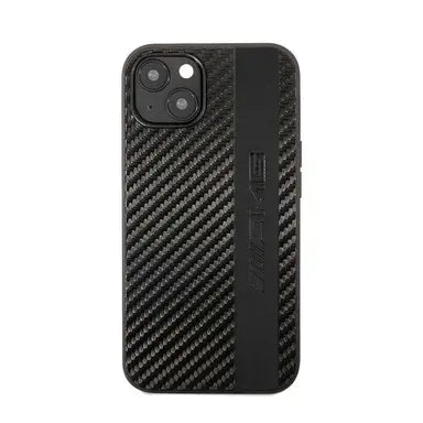 AMG iPhone 13 Hard Case - PU Carbon with Grey Stripe & Embossed Logo - Grey