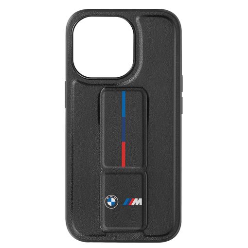 BMW M iPhone 15 Pro Max Hard Case - PU with Hot-Stamped Design & Grip Stand - Black