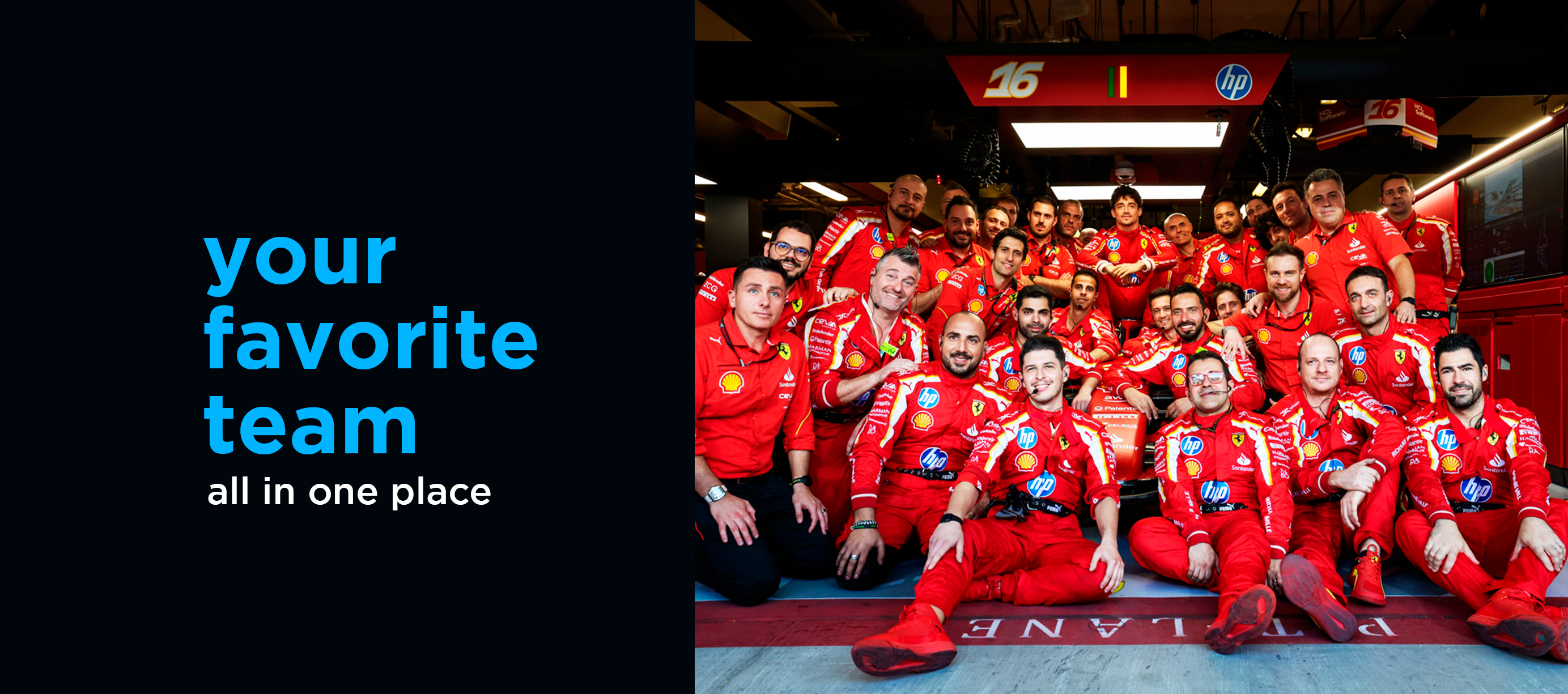 Ferrari Formula 1 team inside the F1 garage with crew members wearing official Ferrari racing uniforms