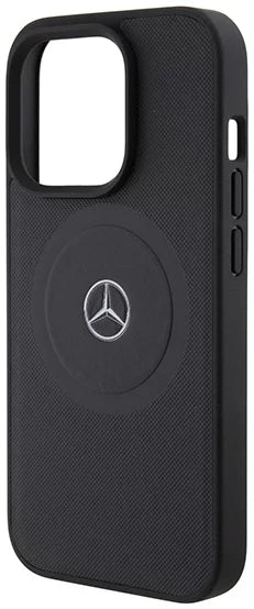 Mercedes-Benz iPhone 15 Pro Max MagSafe Case - Leather with Crossed Lines Pattern - Black