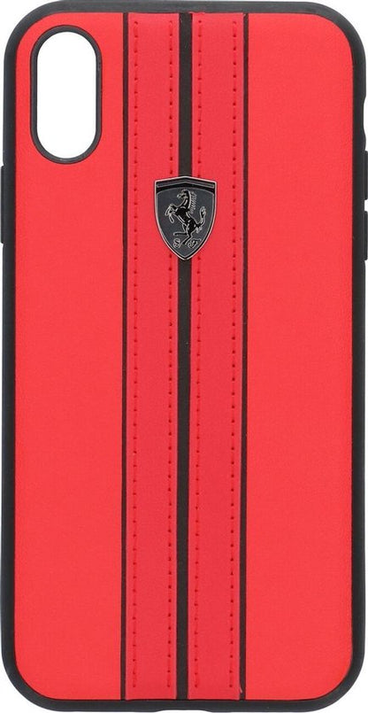 Ferrari iPhone XS Max Hard Case - Off Track Red PU Leather with Black Contrast Stitching