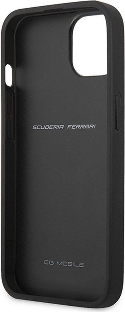 Ferrari iPhone 13 Hard Case - Leather with Stitched Yellow Line - Grey