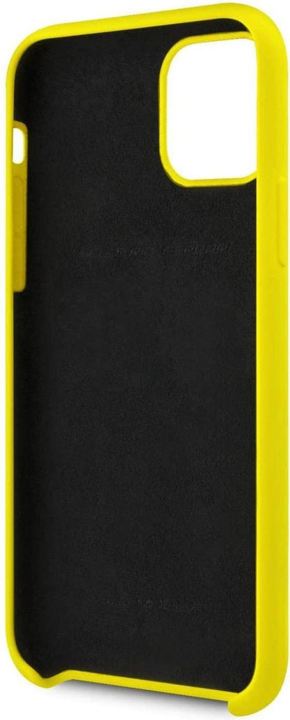 Ferrari iPhone 11 Pro Max Hard Case - Black Silicone with White Tricolore Stripe - Yellow Accents