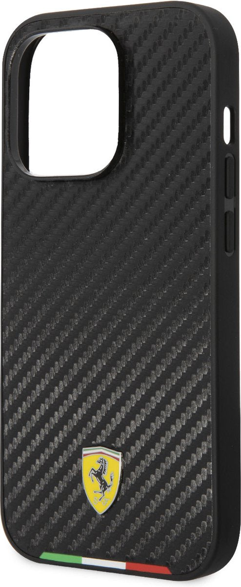 Ferrari iPhone 14 Pro Hard Case - PU Carbon with Italy Flag Line - Black