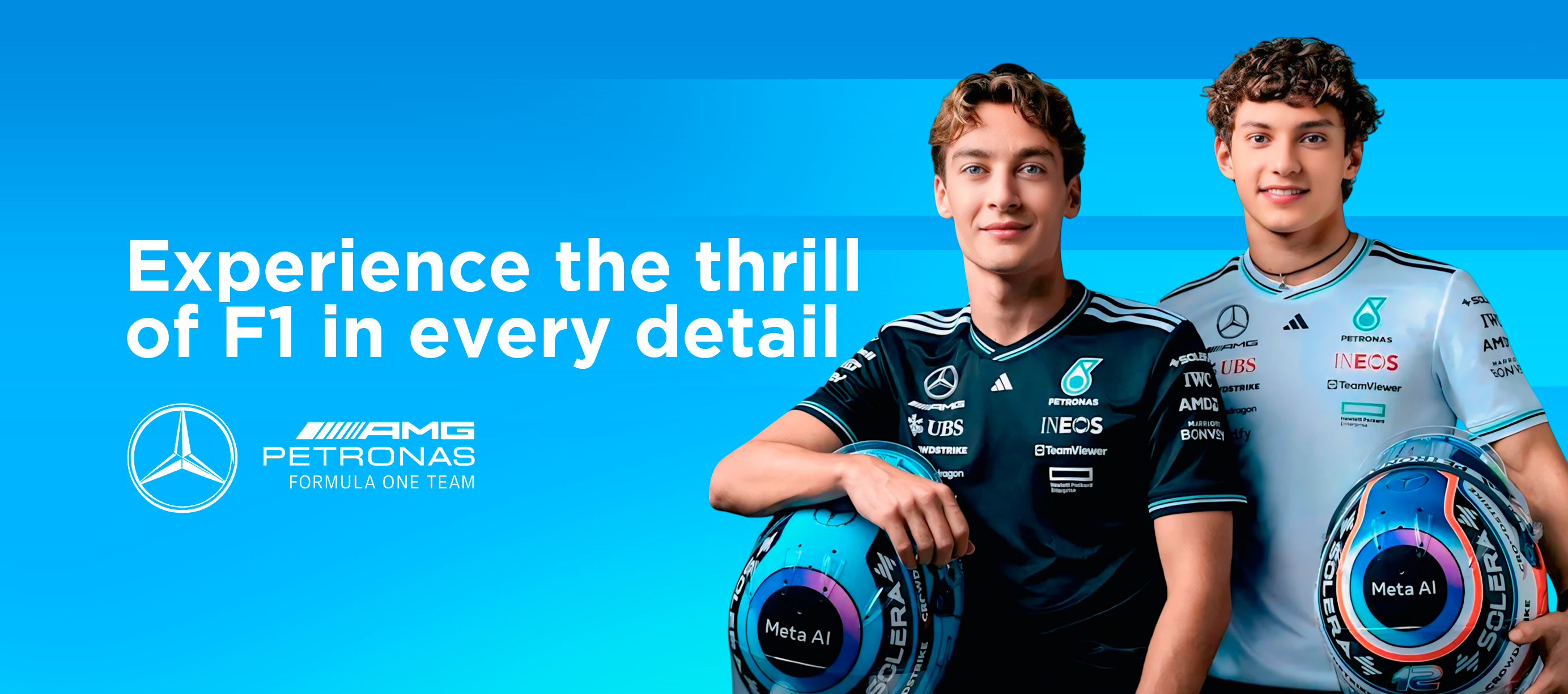 Mercedes AMG Petronas Formula One Team drivers holding F1 helmets