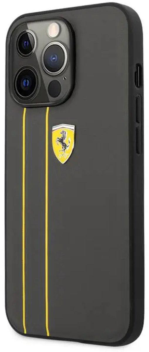 Ferrari iPhone Pro Max Hard Case - Leather with Debossed Stripes & Yellow Lines - Grey