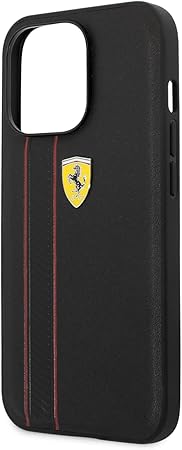 Ferrari iPhone 13 Pro Max Hard Case - Leather with Debossed Stripes & Red Lines - Black