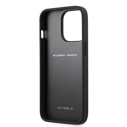 Ferrari iPhone 13 Pro Hard Case - Leather with Stitched Yellow Line - Grey