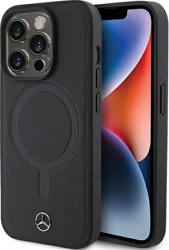 Mercedes-Benz iPhone 15 Pro MagSafe Hard Case - Plain Smooth Leather - Black