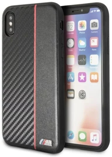 BMW M iPhone X Hard Case - Carbon PU with Red Stripe - Black