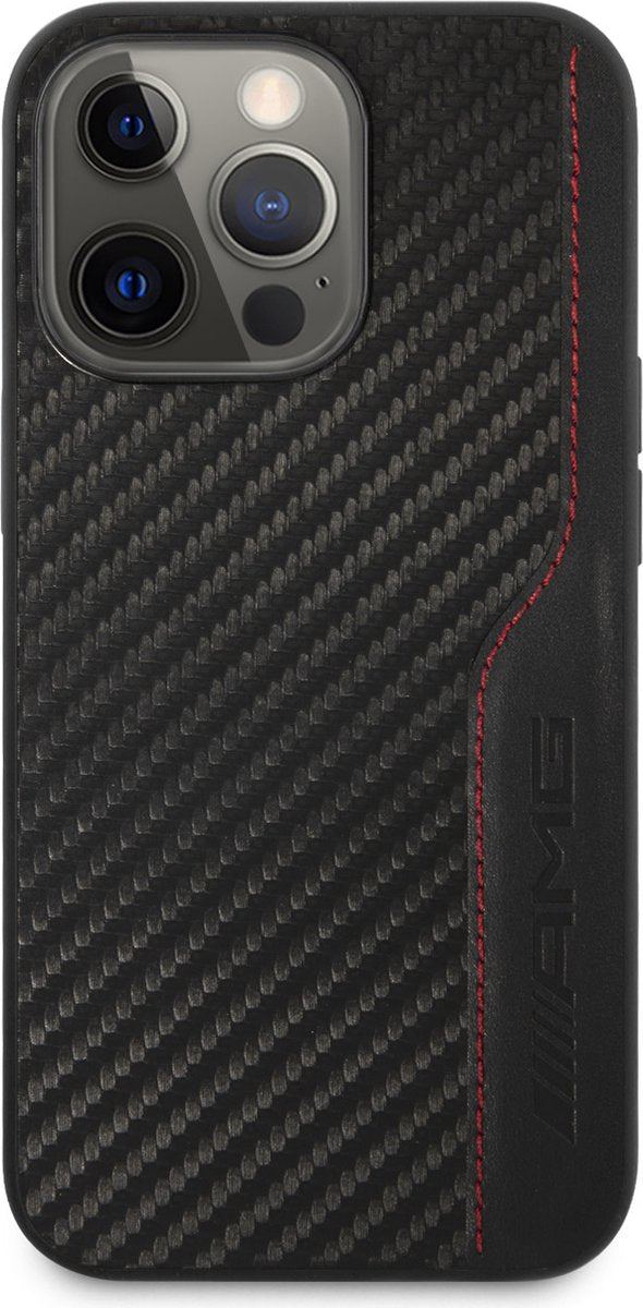 AMG iPhone 13 Pro Max Hard Case - Carbon & Leather with Red Stitching - Black
