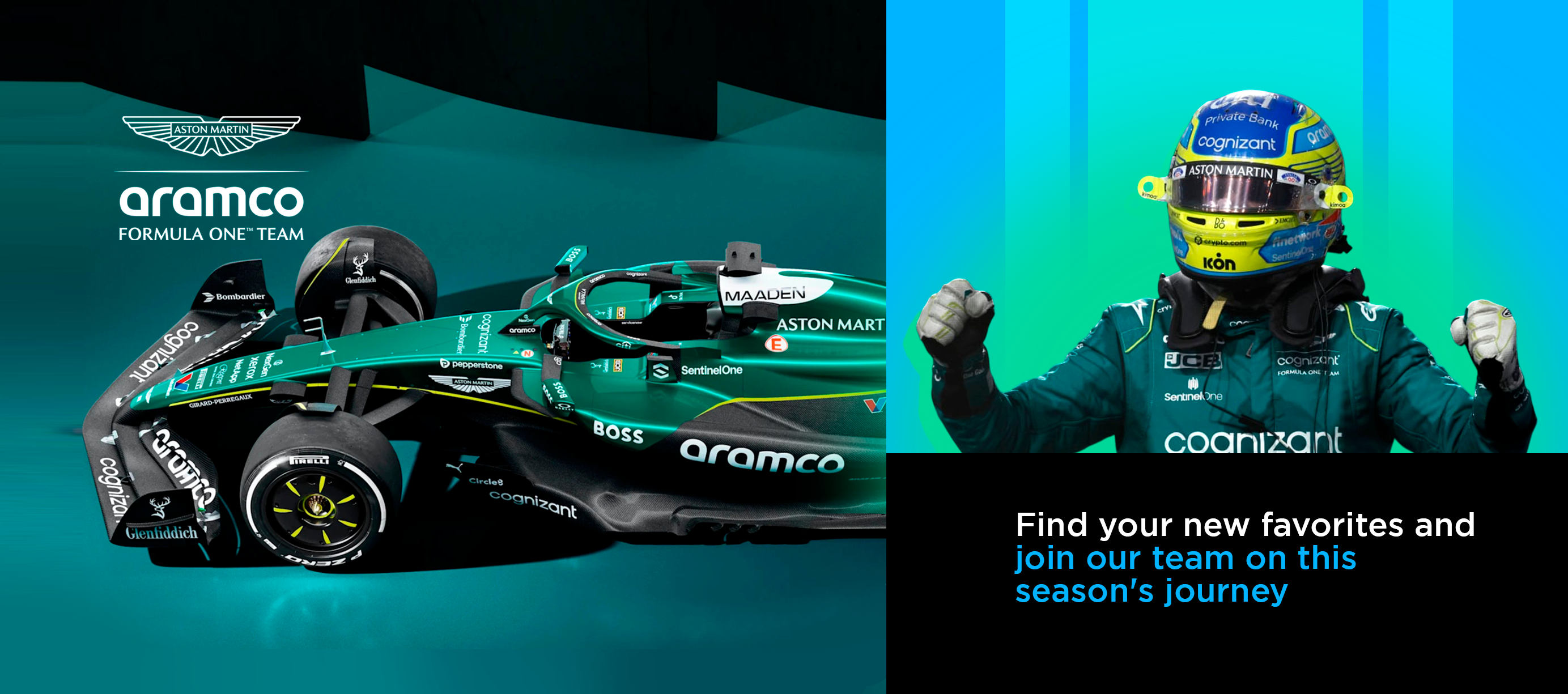 Aston Martin Aramco Formula One Team race car and driver celebrating in Formula 1 racing