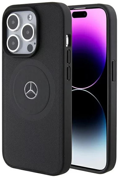 Mercedes-Benz iPhone 15 Pro Max MagSafe Case - Leather with Crossed Lines Pattern - Black