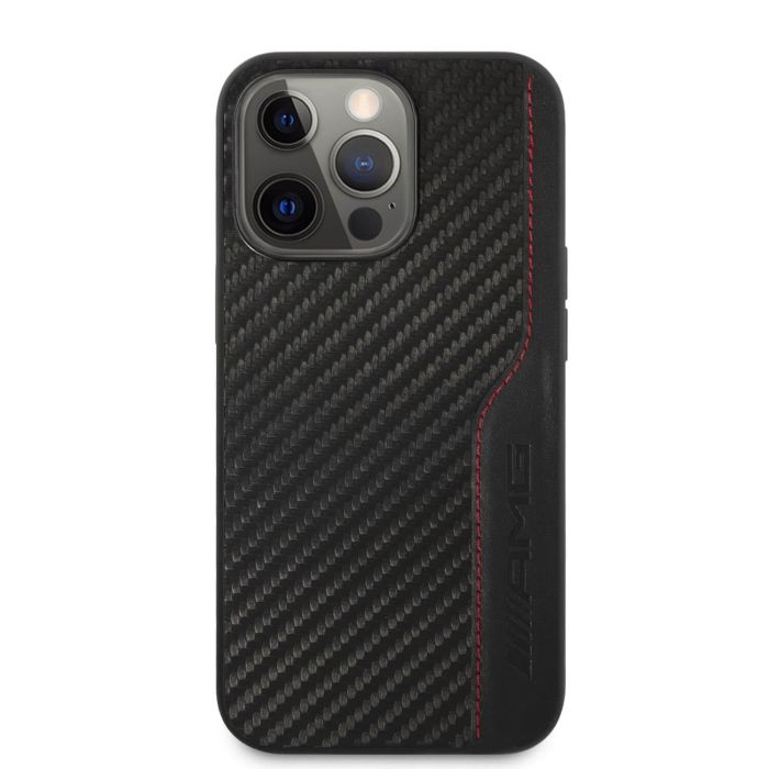 AMG iPhone 14 Pro Max Hard Case - PU Carbon & Leather with Red Stitching - Black