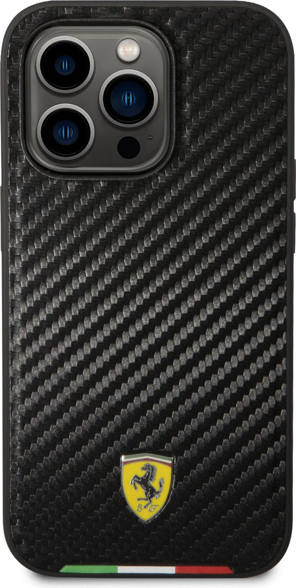Ferrari iPhone 14 Pro Hard Case - PU Carbon with Italy Flag Line - Black