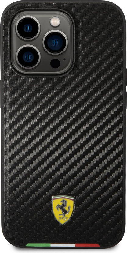 Ferrari iPhone 14 Pro Hard Case - PU Carbon with Italy Flag Line - Black