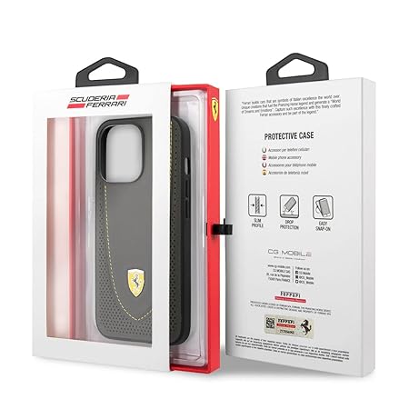 Ferrari iPhone 13 Pro Hard Case - Leather with Stitched Yellow Line - Grey