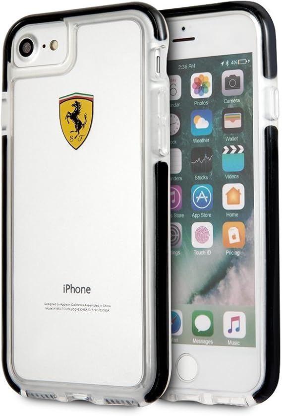 Ferrari iPhone 8 Hard Case - Glossy Transparent Shockproof with Black Side Racing Logo