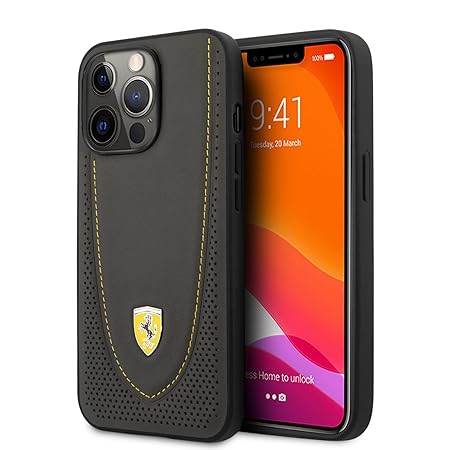 Ferrari iPhone 13 Pro Hard Case - Leather with Stitched Yellow Line - Grey