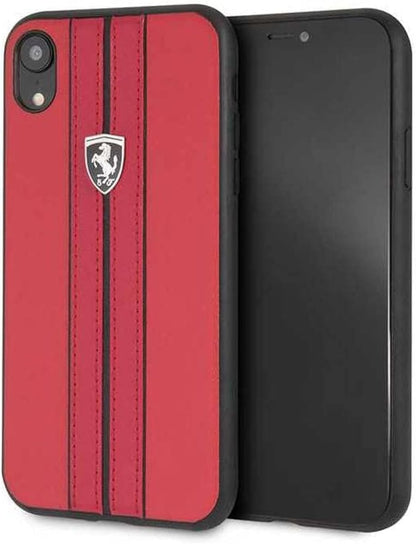Ferrari iPhone XR Hard Case - Off Track Red PU Leather with Black Contrast Stitching