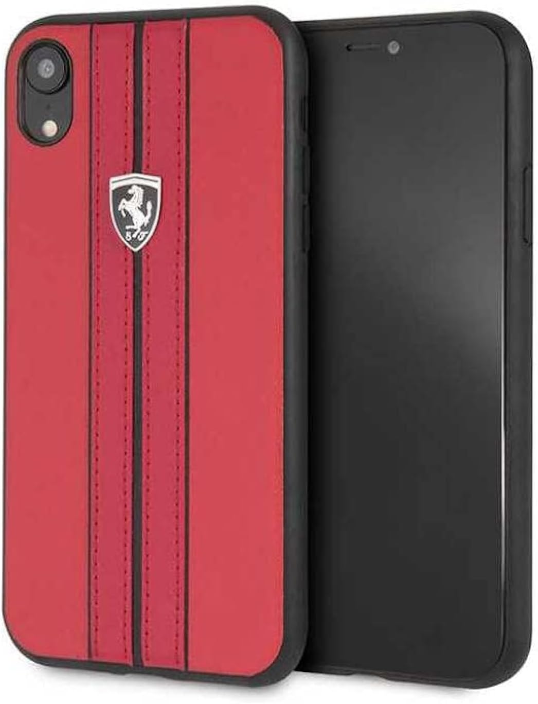 Ferrari iPhone XS Max Hard Case - Off Track Red PU Leather with Black Contrast Stitching