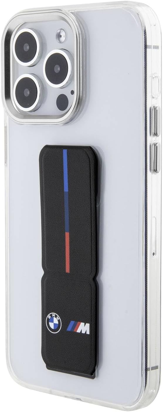 BMW M iPhone 15 Pro Max Hard Case - Clear PU Grip with Stand - Black