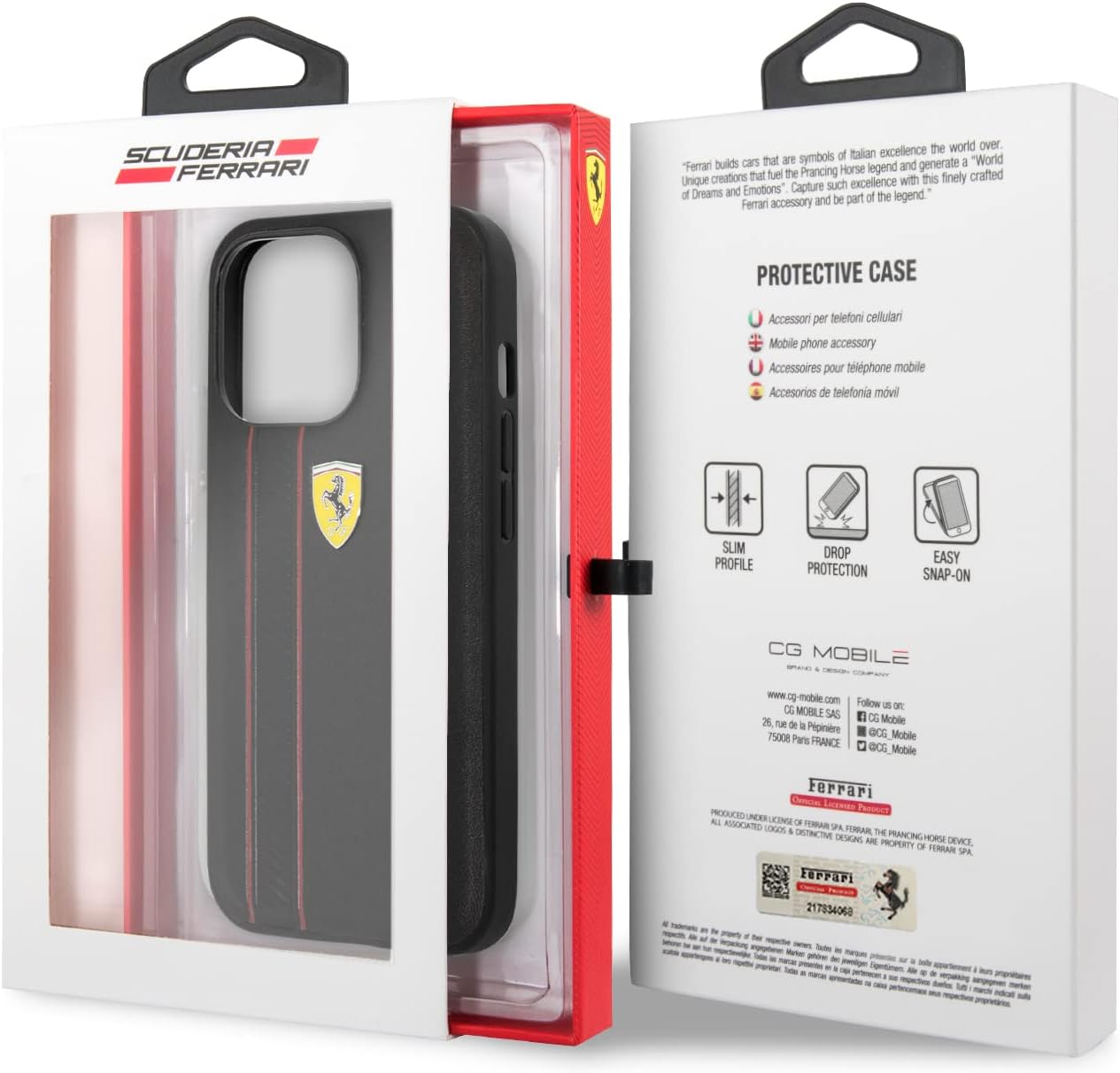 Ferrari iPhone 12 Leather Case - Black with Red Stripe