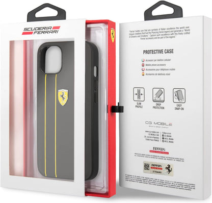 Ferrari iPhone Pro Max Hard Case - Leather with Debossed Stripes & Yellow Lines - Grey