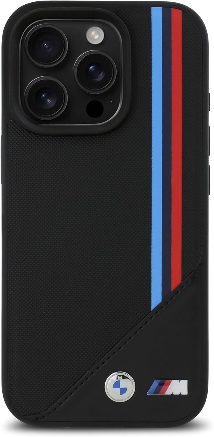 BMW M iPhone 16 Pro MagSafe Hard Case - PU Meshed with Tricolor Stripes - Black