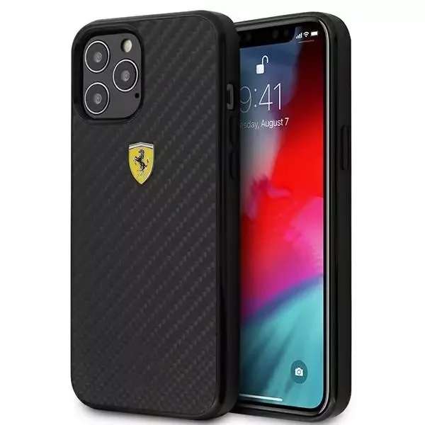 Ferrari iPhone 12 / 12 Pro Hard Case - On Track Carbon with Metal Logo - Black
