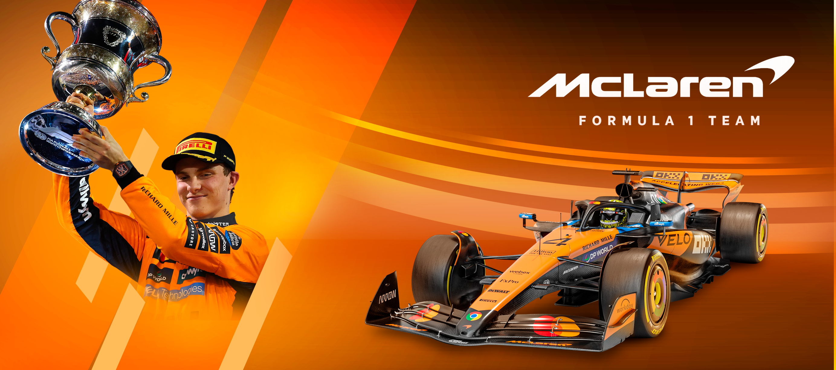 McLaren Formula 1 driver celebrating victory with trophy next to McLaren F1 race car