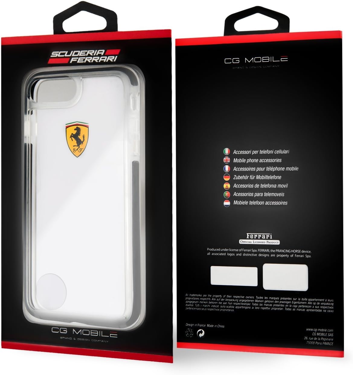 Ferrari iPhone 8 Plus Case - Glossy Transparent Shockproof with Black Side Racing Logo