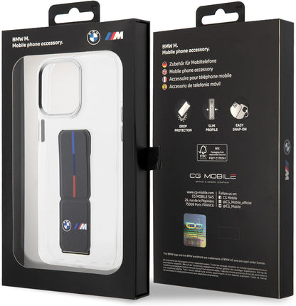 BMW M iPhone 15 Pro Max Hard Case - Clear PU Grip with Stand - Grey
