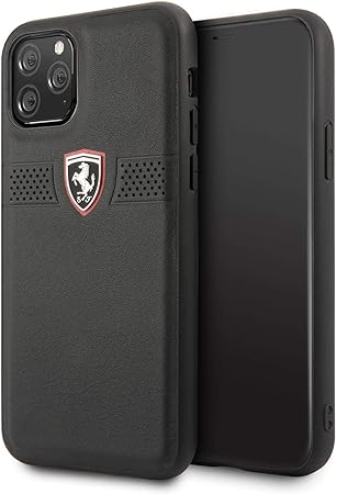 Ferrari iPhone 11 Pro Hard Case - Real Leather Black with Red Scudetto Logo