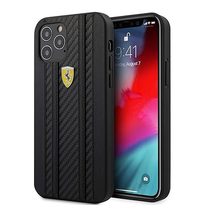 Ferrari iPhone 12 / 12 Pro Leather Case - Black Carbon with Stripes
