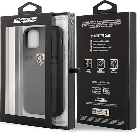 Ferrari iPhone 11 Pro Hard Case - Real Leather Black with Red Scudetto Logo