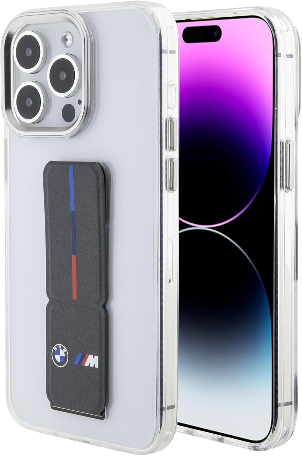 BMW M iPhone 15 Pro Max Hard Case - Clear PU Grip with Stand - Grey