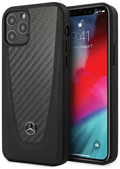 Mercedes iPhone 12 Pro Hard Case - Real Leather with Carbon Fiber - Black