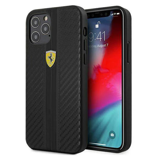 Ferrari iPhone 13 Pro Max Hard Case - PU Carbon with Central Stripe - Black