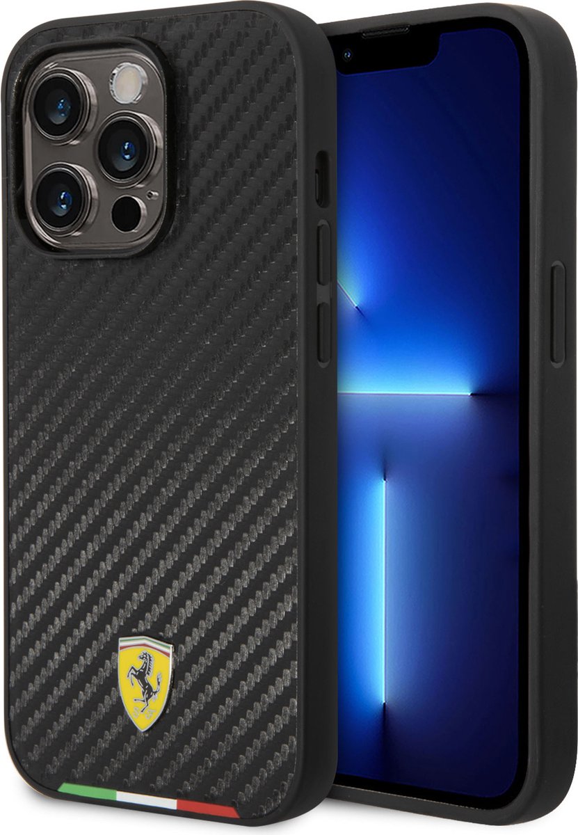 Ferrari iPhone 14 Pro Max Hard Case - PU Carbon with Italy Flag Line - Black