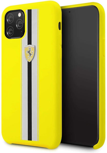 Ferrari iPhone 11 Pro Max Hard Case - Black Silicone with White Tricolore Stripe - Yellow Accents