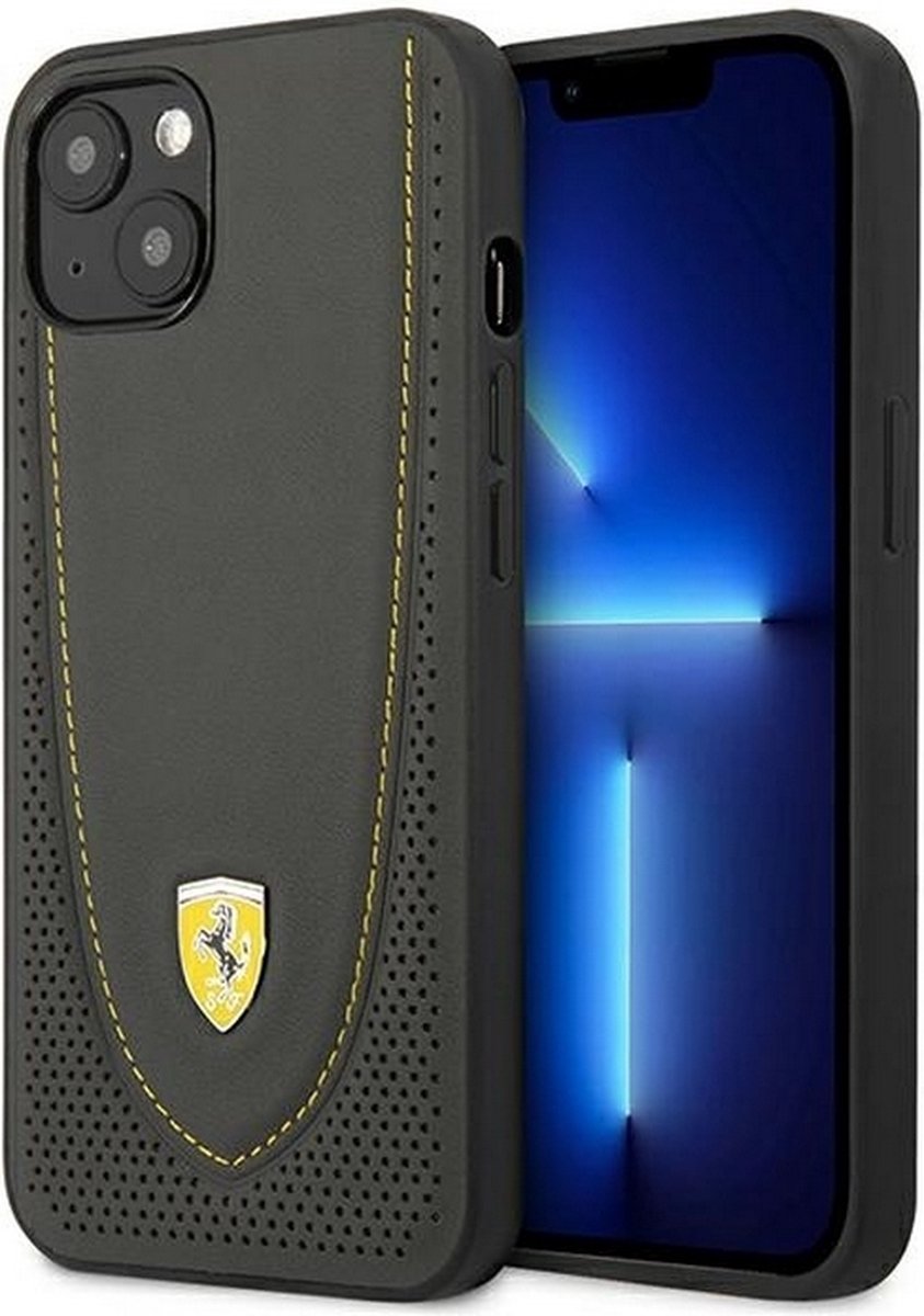 Ferrari iPhone 13 Hard Case - Leather with Stitched Yellow Line - Grey