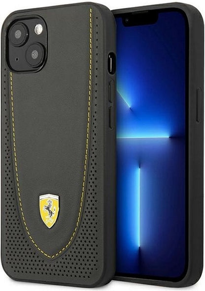 Ferrari iPhone 13 Hard Case - Leather with Stitched Yellow Line - Grey