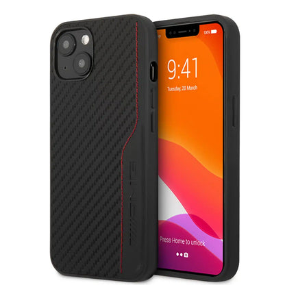 AMG iPhone 13 Hard Case - Carbon & Leather with Red Stitching - Black