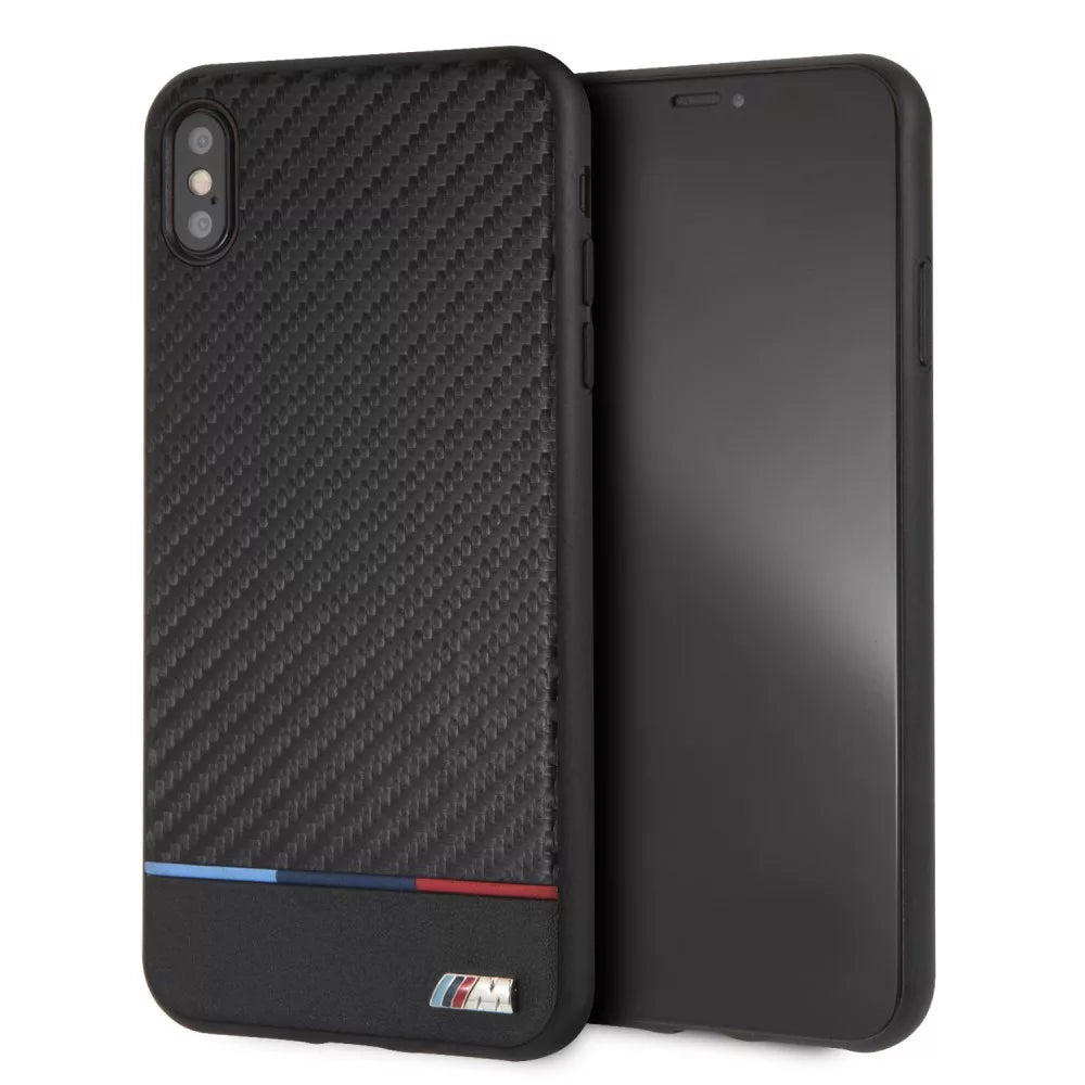 BMW iPhone XS Max Case - Carbon PU & Smooth PU Leather with Tricolor Stripe - Black