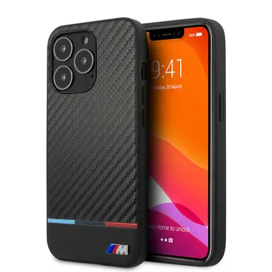 BMW M iPhone 13 Pro Max Hard Case - PU Carbon with Tricolor Line - Black